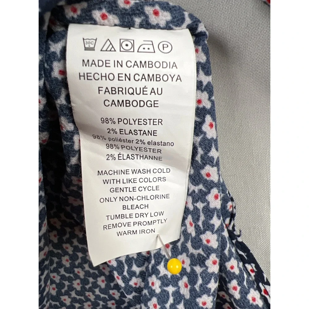 Michael Kors Blouse Women XL Navy Blue Floral V-Neck Tie Sleeve Top